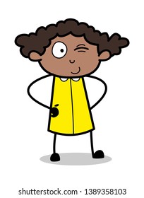 Winking Eye - Retro Black Office Girl Cartoon Vector Illustration