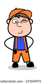 Winking Eye - Retro Cartoon Carpenter Worker Vector Illustration﻿
