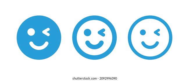 Winking eye with smiley face icon set. Wink emoticon.