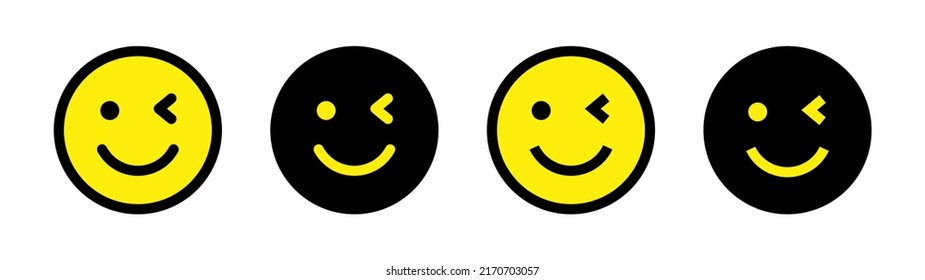 Winking Auge mit Smiley Gesicht Symbol Set. Schminke Emotionen, Vektorgrafik. Emoticon-Logo eines Gesichts und ein Auge blinkend. Neue modische und trendige Smiley-Stile.
