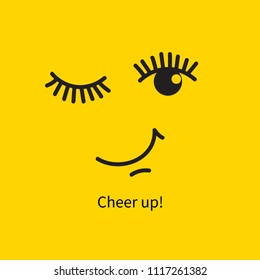 Winking face, card with smile and wish to cheer up! Vector illustration