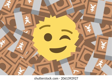 winking face emoji amid heap of yen banknotes,vector illustration
