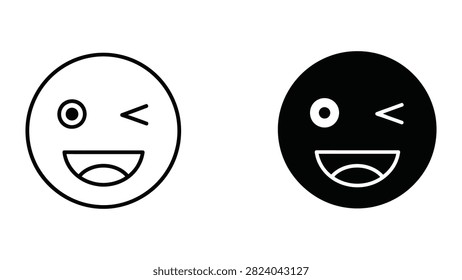 Winking face emoji icon set in simple outline and solid black style for web and mobile interface