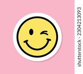 winking face emoji sticker, yellow face with winking eye, black outline, cute sticker on pink background, groovy aesthetic, vector design element