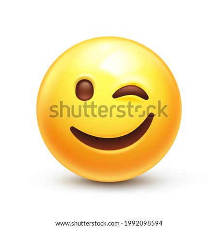 Winking Face. Eye wink emoji, funny yellow emoticon with smiling lips 3D stylized vector icon