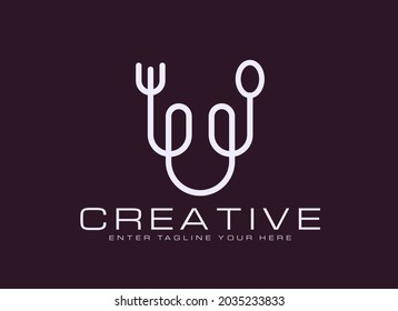Winking Face Food logo vector icon. Fork and spoon art illustration with lines forming the letter U