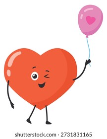 Personagem de coração de rosto piscando com ícone de balão de amor