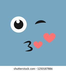 Winking face with a kiss and hearts on color background. Vector illustration