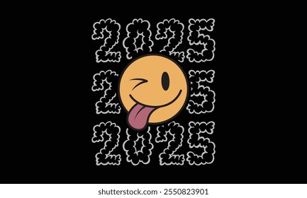 Winking Face New Year 2025, New Year Vector T Shirt Design Template, Wall Art, Mug, Sticker, Banner, Tee, Hoodie, Printable, Illustration