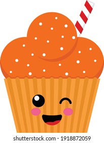 Winking Face on Cup Cake Character flat