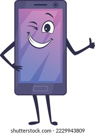 Winking face phone character. Cartoon mascot with thumb up