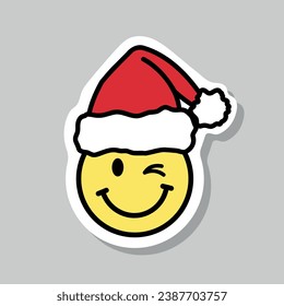 winking face with santa hat sticker, cute winking eye emoji christmas sticker, vector design element