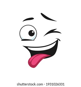 Winking face showing tongue as teasing isolated emoticon blinking eye. Vector naughty cheerful emoji in good mood, positive facial expression, ok gesture. Cartoon winking face, happy emoji