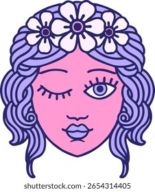 winking face tattoo style design in bright neon color