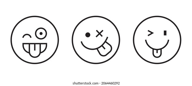 Winking face with tongue icon. Vector joking winky emoticon. Funny joke. Winking tease smile yellow button, vector, sign, symbol, logo, illustration, editable stroke, flat design style isolated on whi