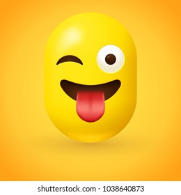 Winking face with tongue - pill shaped emoji - crazy face emoticon - face showing a stuck-out tongue and winking at the same time