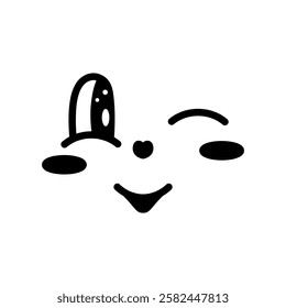 Winking facial expression. Face with positive emotions. Smile, blush. Sketch. Vector illustration. Outline on isolated white background. Doodle style. Cute grimace. Idea for web design.