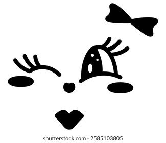 Winking facial expression. Female face with positive emotions. Sketch. Smile, blush, air kiss, bow, eyelashes. Vector illustration. Outline on isolated white background. Doodle style. Cute grimace. 