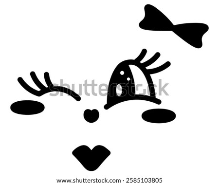 Winking facial expression. Female face with positive emotions. Sketch. Smile, blush, air kiss, bow, eyelashes. Vector illustration. Outline on isolated white background. Doodle style. Cute grimace. 