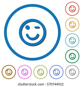 Winking flat color vector icons with shadows in round outlines on white background
