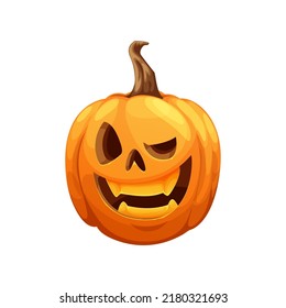 Winking Funny Cartoon Halloween Pumpkin Lantern, Horror Holiday Vector Scary Character. Halloween Party Pumpkin Or Jack O Lantern With Grin Smile Carving And Spooky Face