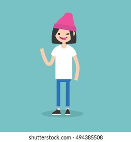 Winking girl sticking out tongue. Emotional cartoon character / editable flat vector illustration