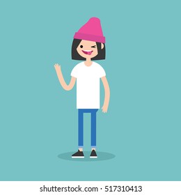 Winking girl sticking out tongue. Emotional cartoon character / editable flat vector illustration