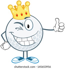 Winking Golf Ball Cartoon Character With Gold Crown Holding A Thumb Up. Vector Illustration