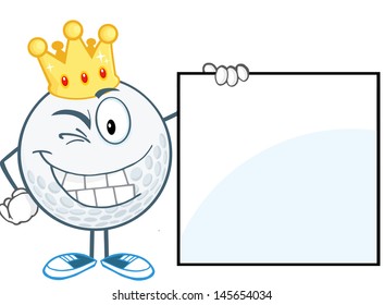 Winking Golf Ball With Gold Crown Showing A Sign. Vector Illustration
