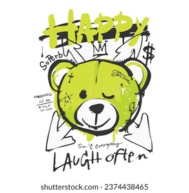 
winking green happy teddy bear