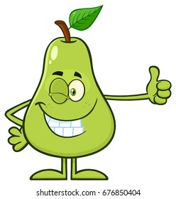 Winking Green Pear Fruit With Leaf Cartoon Mascot Character Giving A Thumb Up. Vector Illustration Isolated On White Background