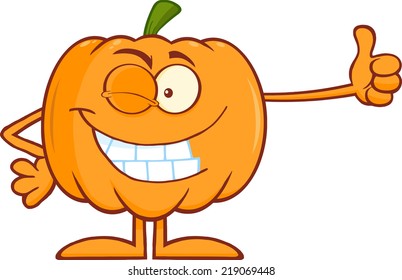 Winking Halloween Pumpkin Mascot Character Giving A Thumb Up