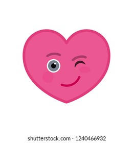 Winking heart shaped funny emoticon icon. Blinking pink emoji symbol. Social communication and online chatting vector element. Smiley face showing facial emotion. Valentine's day mascot in flat style