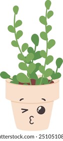 Winking houseplant. Kawaii home decoration. Funny flowerpot isolated on white background