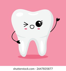 Dente kawaii piscando em fundo rosa