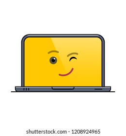 Winking laptop computer isolated emoticon icon. Blinking digital device emoji symbol. Social communication and chatting. Cheerful monitor showing facial emotion. Animated notebook vector illustration