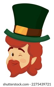 Winking Leprechaun face with ginger beard and hair, wearing a green top hat. Design in cartoon style over white background.