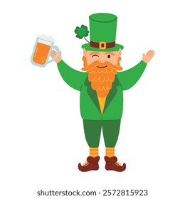 Winking leprechaun with a mug of beer in his hand. Vector illustration of a Leprechaun on a spree, perfect for an icon, logo, decorations for St. Patrick's Day