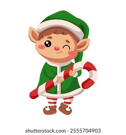 Winking little elf with large candy cane flat color vector character. Christmas festive mood for children illustration on white background