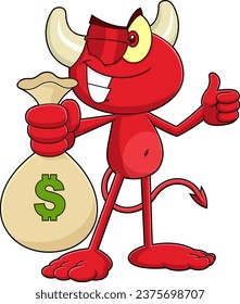 Winking Little Red Devil Cartoon Character Holding A Money Bag and Giving The Thumbs Up. Vector Hand Drawn Illustration Isolated On Transparent Background