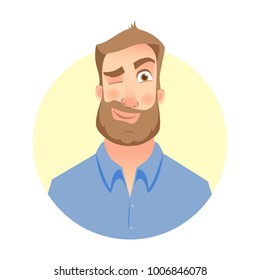 Winking man. Funny person. Face of man with beard.