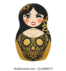 Winking matryoshka doll with lace skull on dress. Vector illustration