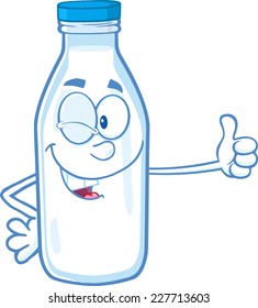 Winking Milk Bottle Character Giving A Thumb Up. Vector Illustration Isolated On White Background