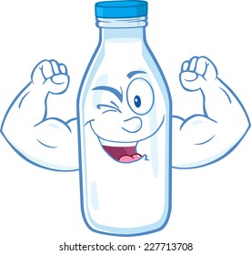 Winking Milk Bottle Character Showing Muscle Arms. Vector Illustration Isolated On White Background