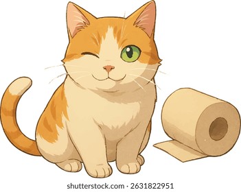 Winking Orange Tabby Cat with Toilet Paper Roll – Vector Illustration on Transparent Background
