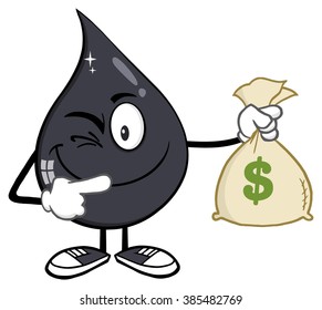 Winking Petroleum Or Oil Drop Cartoon Character Holding A Money Savings Bag. Vector Illustration Isolated On White Background