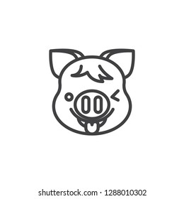 Winking Piggy Face With Tongue Emoji line icon. linear style sign for mobile concept and web design. Happy piggy face emoticon outline vector icon. New year Pig head symbol, logo illustration.