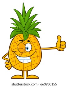 Winking Pineapple Fruit With Green Leafs Cartoon Mascot Character Giving A Thumb Up. Vector Illustration Isolated On White Background