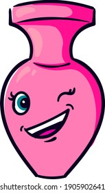 Winking pink vase, illustration, vector on a white background.