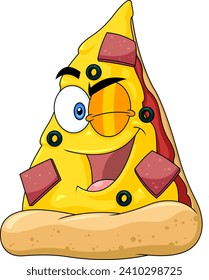 Winking Pizza Slice Cartoon Character. Vector Hand Drawn Illustration Isolated On Transparent Background
